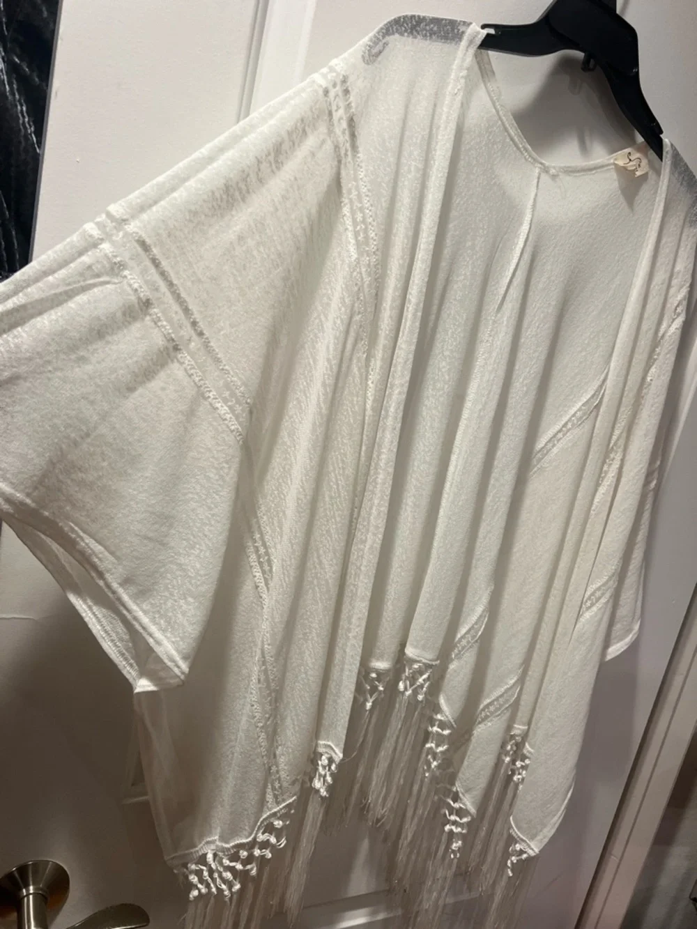 White Fringe Open-Front Kimono Cover-Up